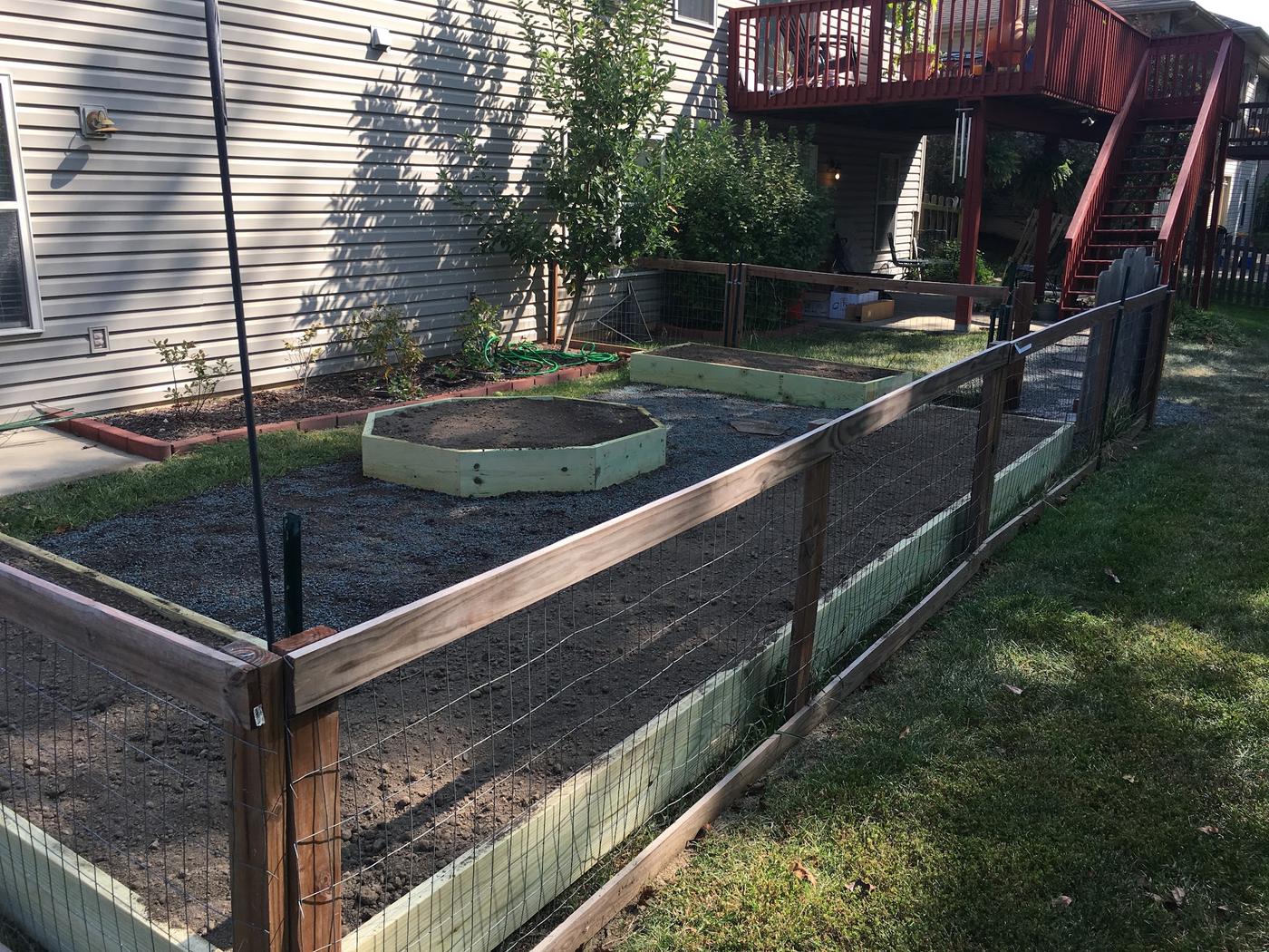 A fenced enclosure in wood and wire, with raised beds and the ground prepared.