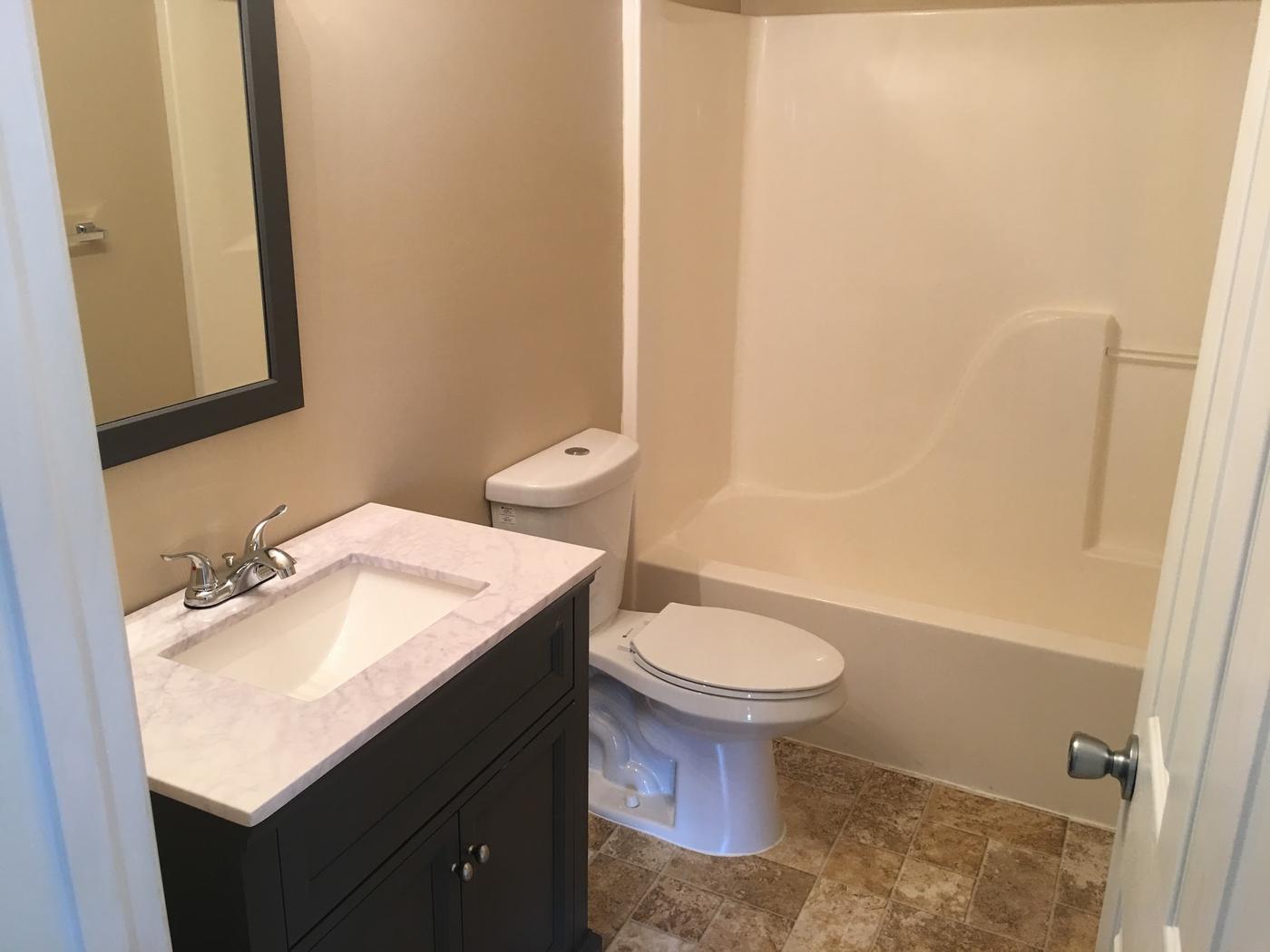 A vanity with a pale veined top, new faucet, new toilet, and the tub surround.